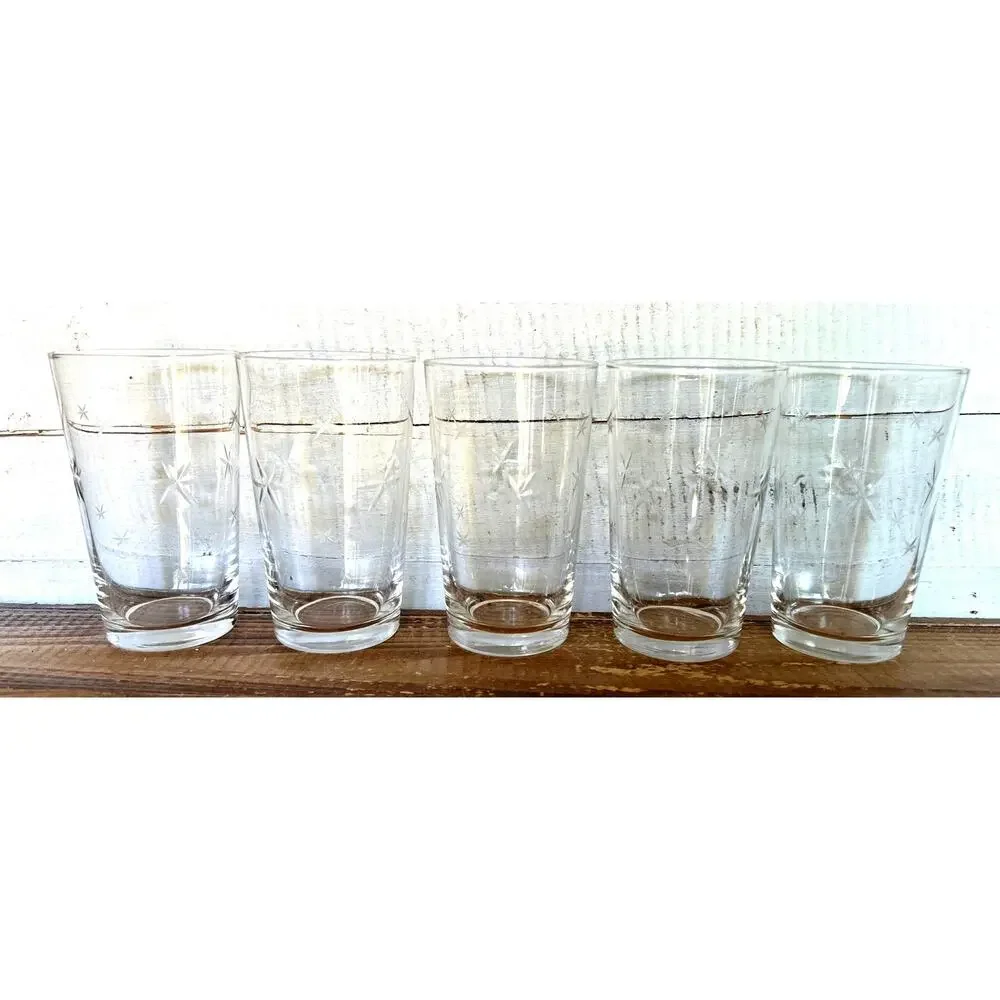 Set of 5 Vintage Quartzex Star Dust Atomic Crystal Flat Tumblers MCM Barware 5